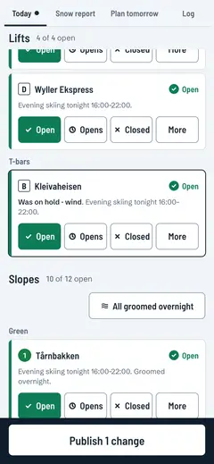 The status desk on a phone: one row per lift with Open, Opens and Closed, and Publish at the bottom