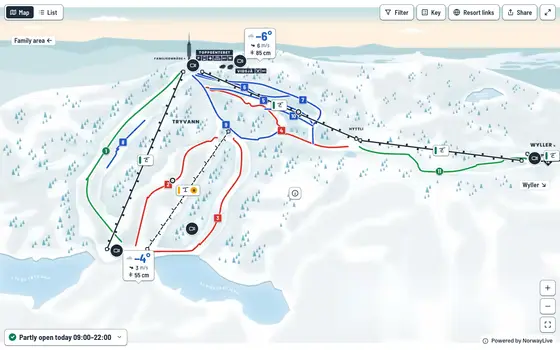 The map embedded on a resort website, with the summary board and the lift strip
